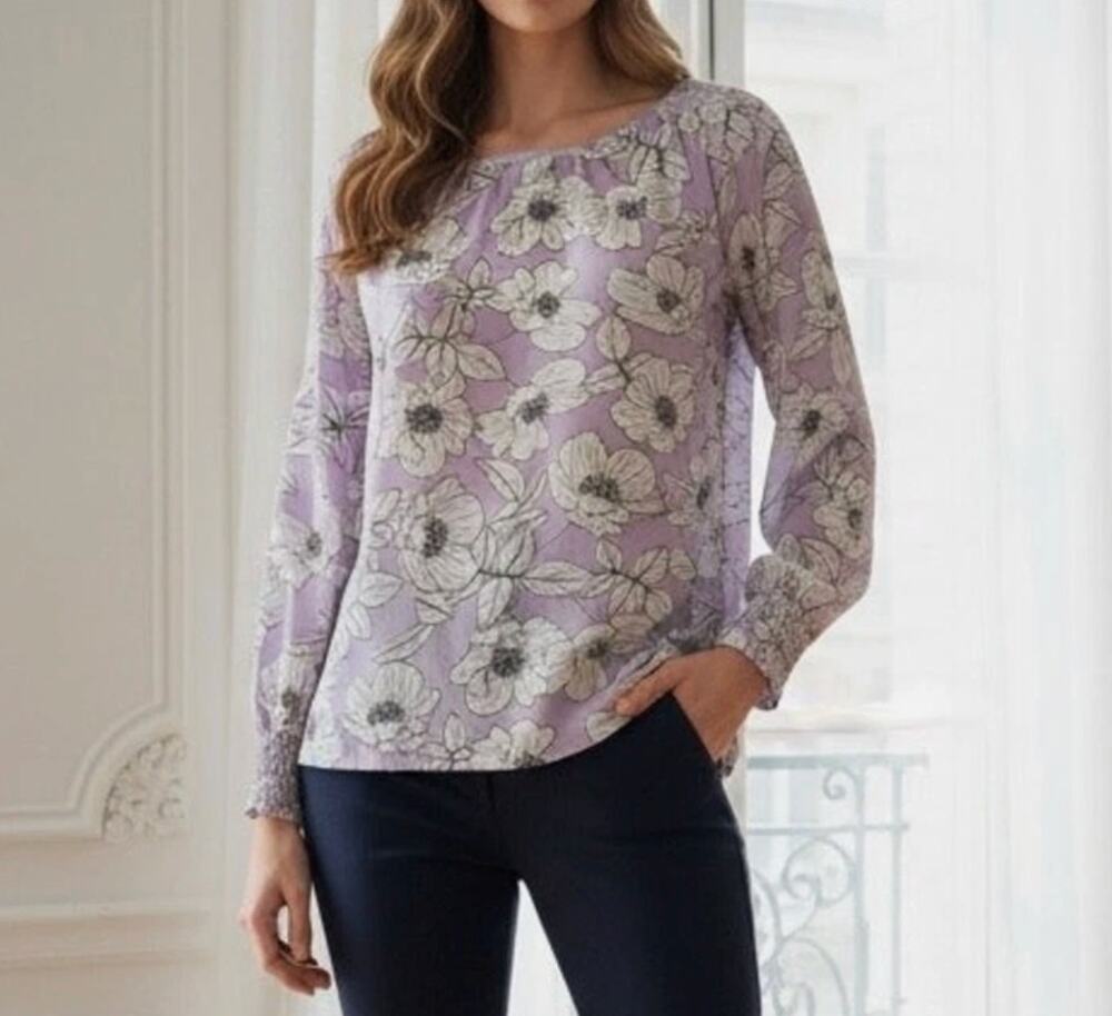 cabi flower floral poppy long sleeve blouse lavendar size large L